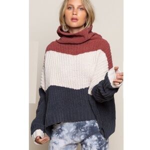 POL Chunky Cowl Neck Boxy Sweater Color Block Cream Rust Gray Women L oversize